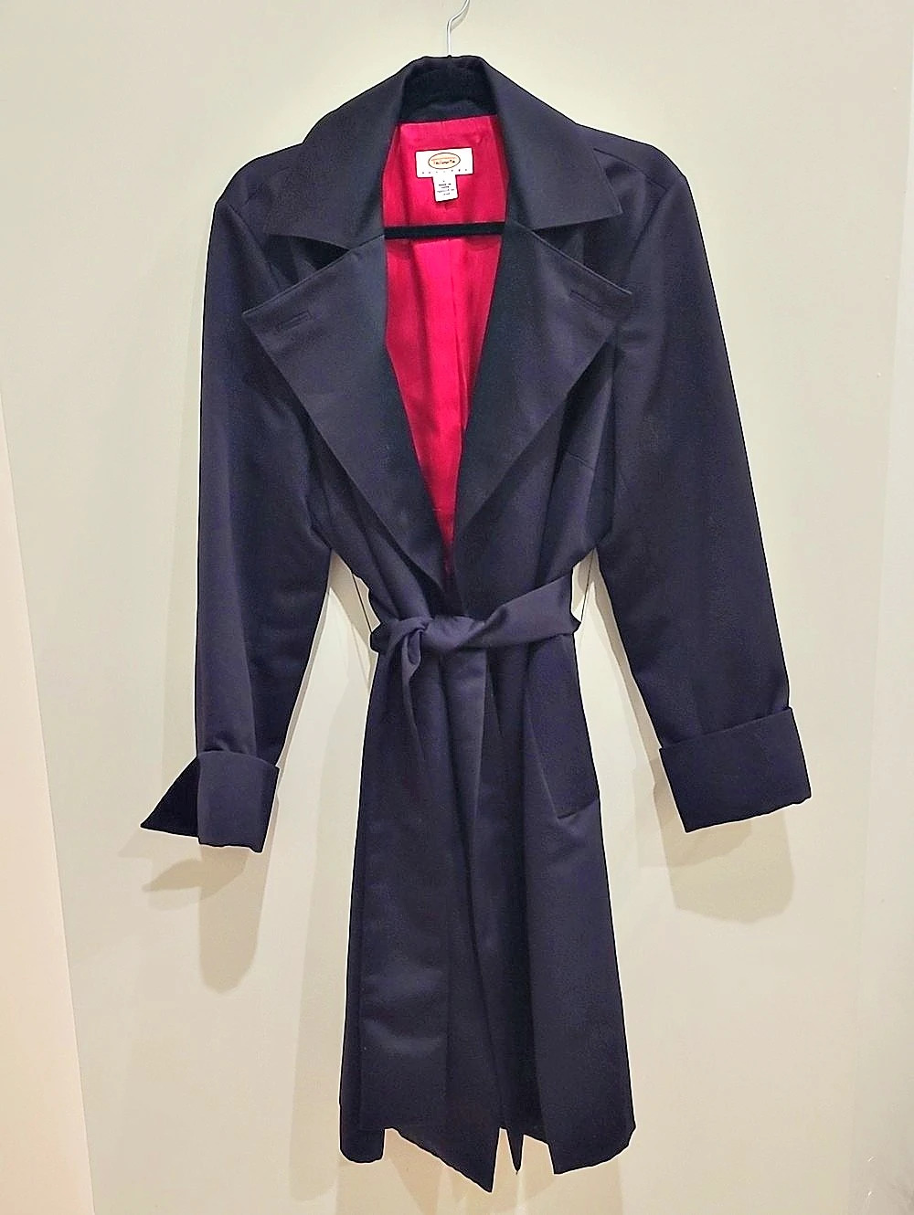 Talbots Satin Trench Coat in Black With Hot Pink Lining